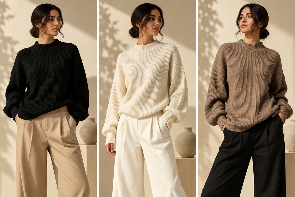 Three women modeling ribbed knit crewneck sweaters in black, cream, and taupe, paired with wide-leg trousers, set against a warm beige background with leaf shadows.1621243260e1af0c20-0