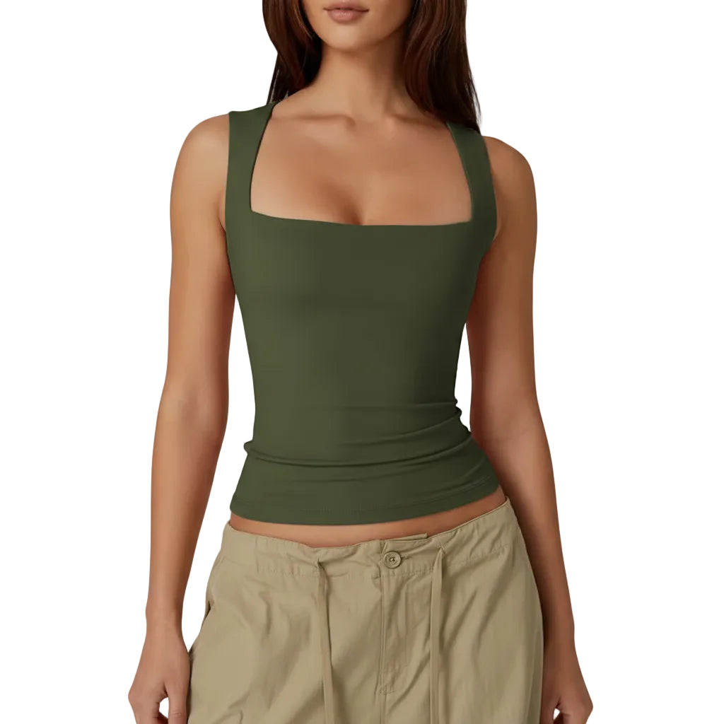 Women's lace up slim fit sleeveless tank top in Army Green front view