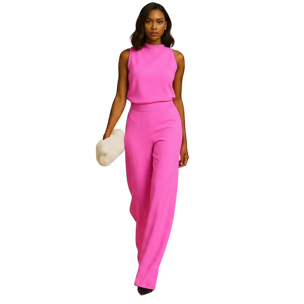 close up of halter neckline detail on women’s jumpsuit