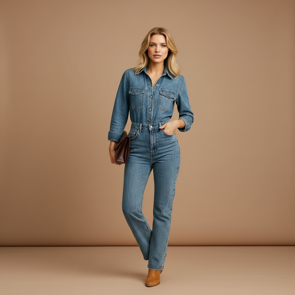 woman wearing blue denim utility jumpsuit with long sleeve design shown in full front view outfit