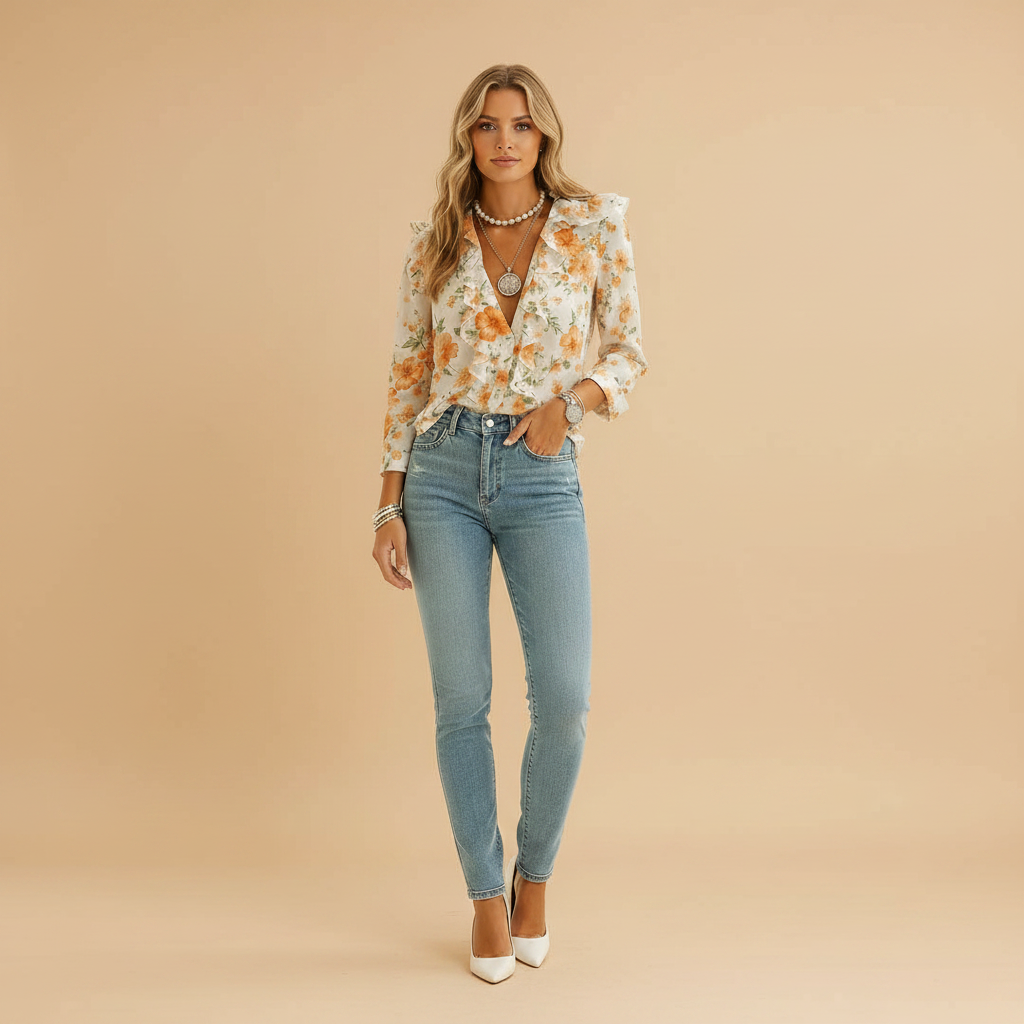 woman wearing butterfly print ruffle blouse with long sleeves shown in full front view outfit