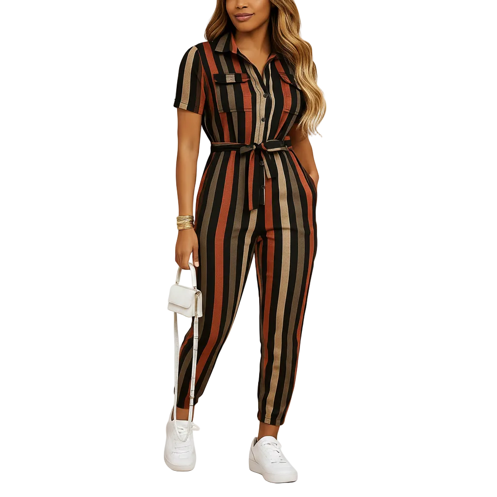 close up of button-front closure detail on women’s jumpsuit