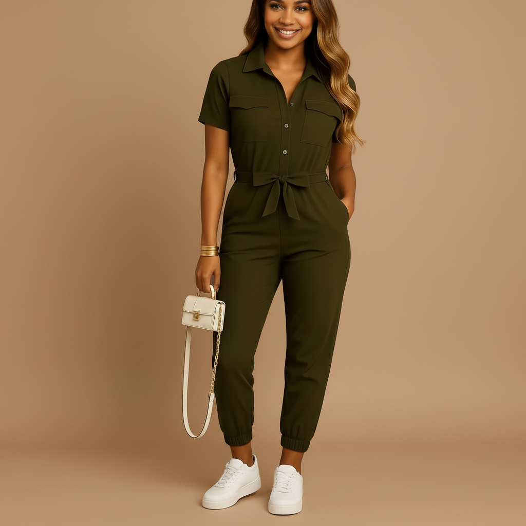 woman wearing button front tailored jumpsuit with slim silhouette shown in full front view outfit