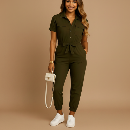 woman wearing button front tailored jumpsuit with slim silhouette shown in full front view outfit