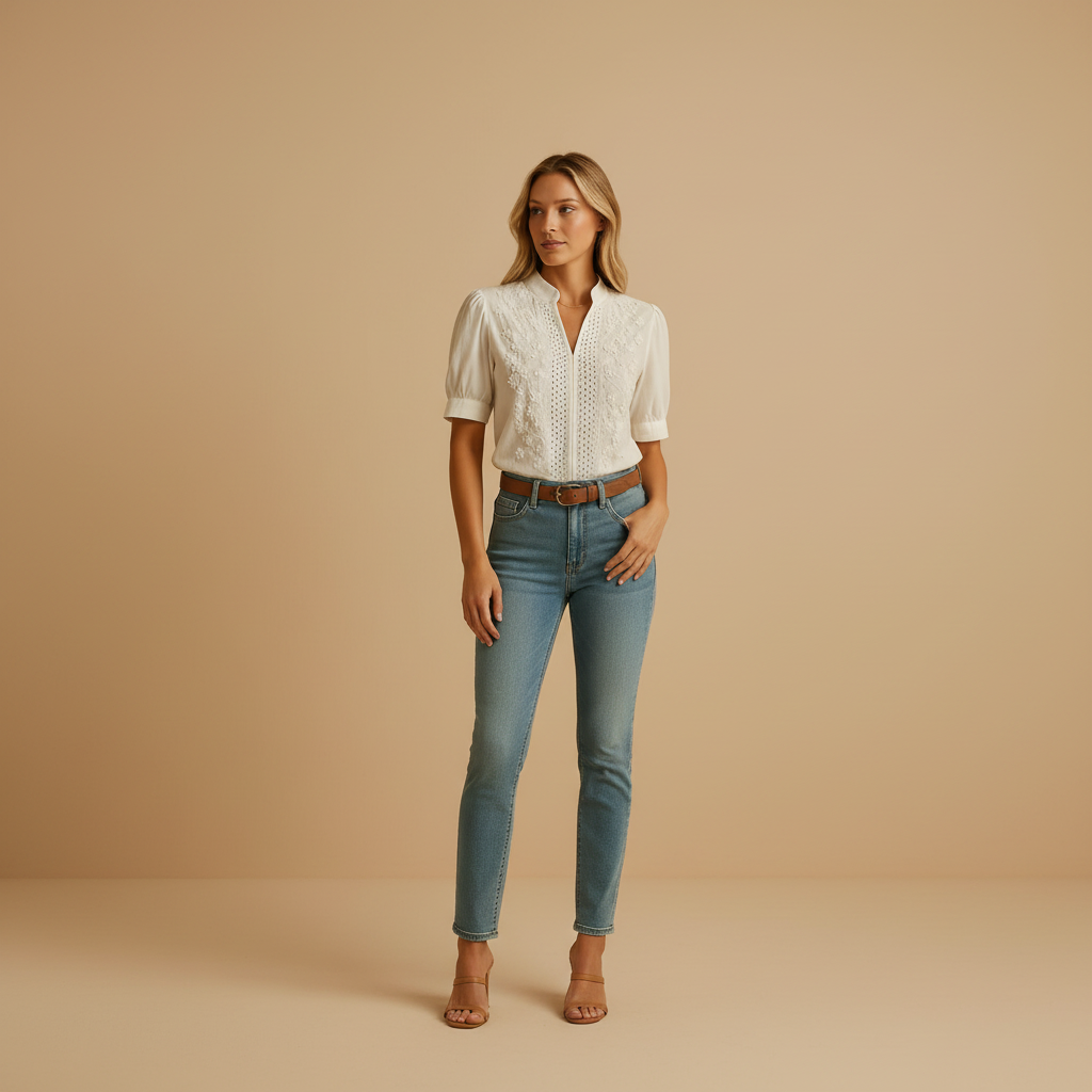 woman wearing classic white button blouse with lightly tailored fit shown in full front view outfit