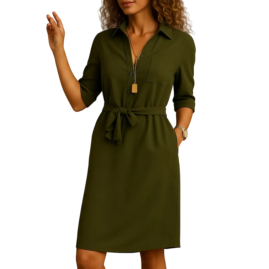 back view of elegant midi dress showing midi length and clean structure