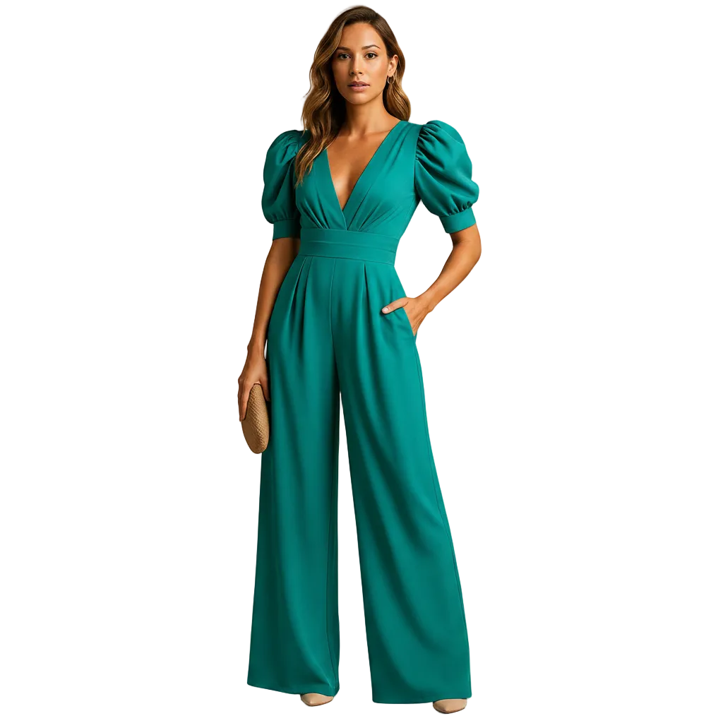 close up of flowing silhouette and tailored fit on jumpsuit