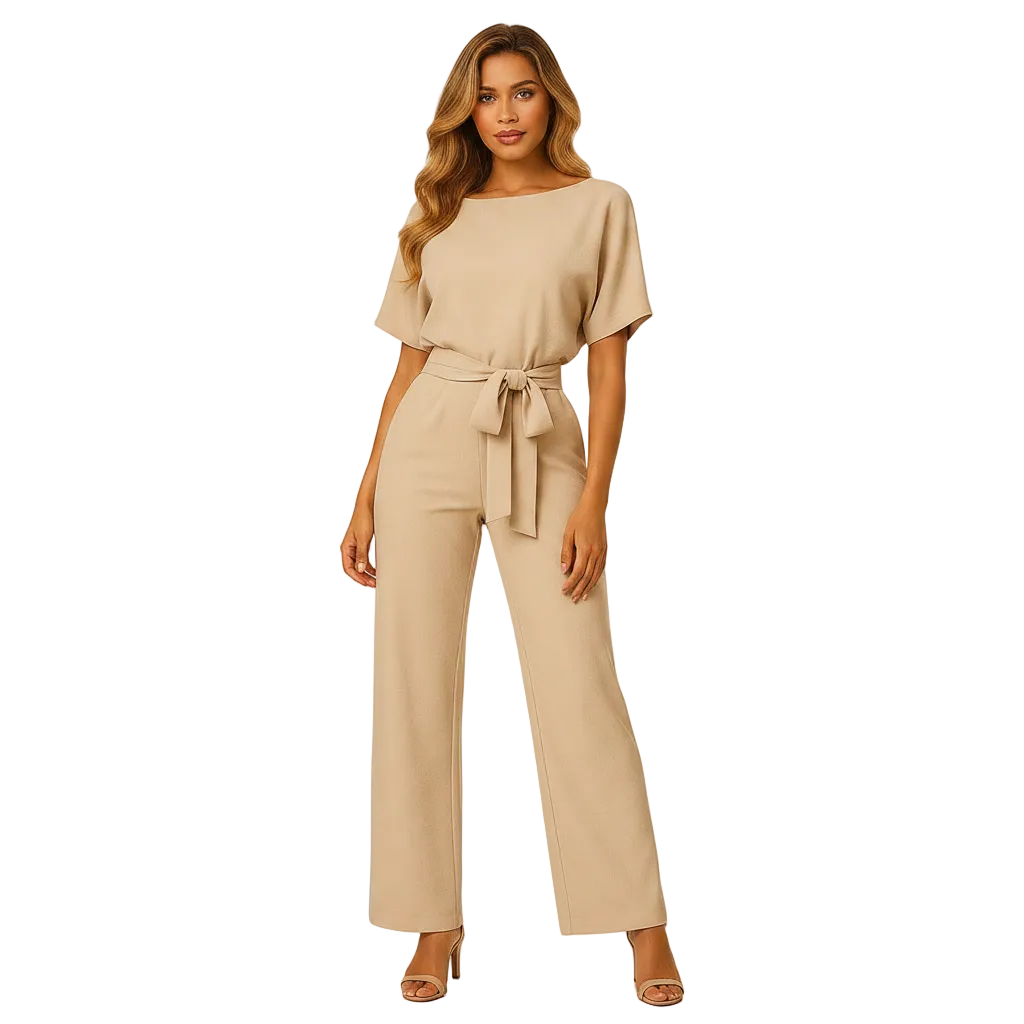 close up of high waist structure and flattering fit on jumpsuit