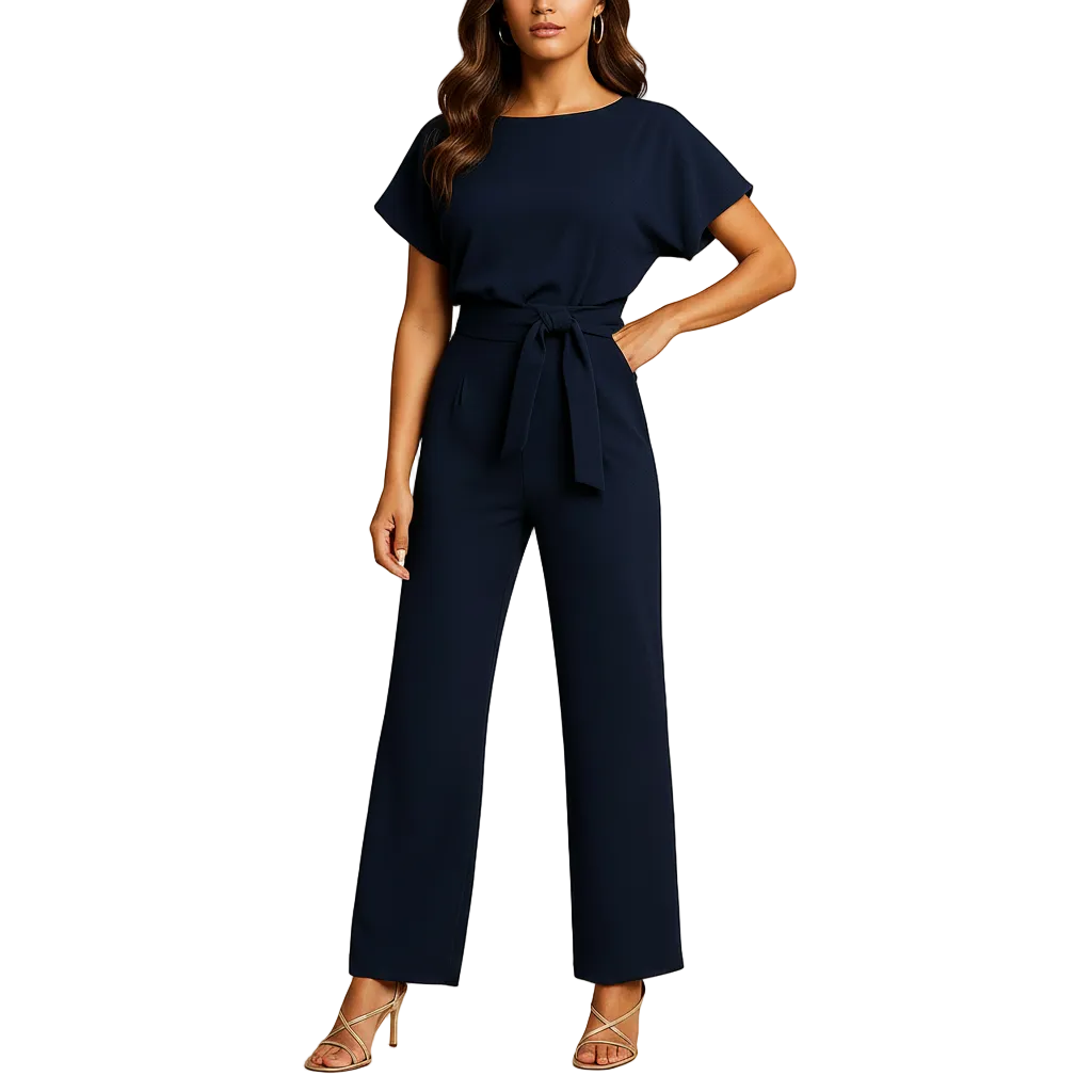side view of high waist jumpsuit with flowing structure and balanced silhouette for women