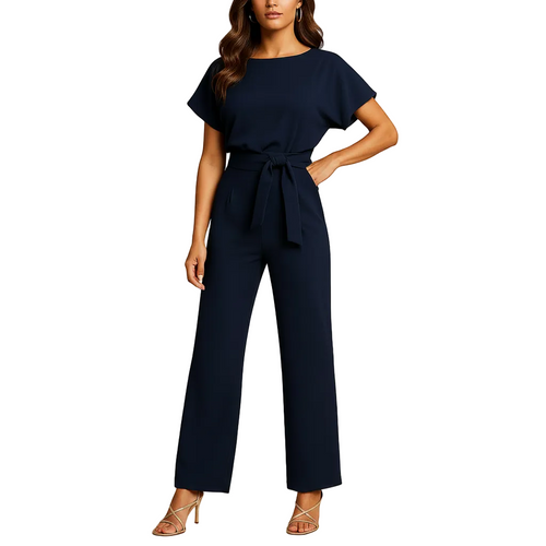 side view of high waist jumpsuit with flowing structure and balanced silhouette for women