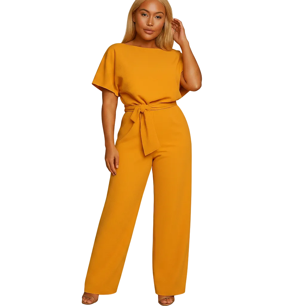 back view of lace up waist jumpsuit showing full length structure and clean silhouette