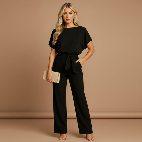 woman wearing lace up waist jumpsuit with tailored silhouette shown in full front view outfit