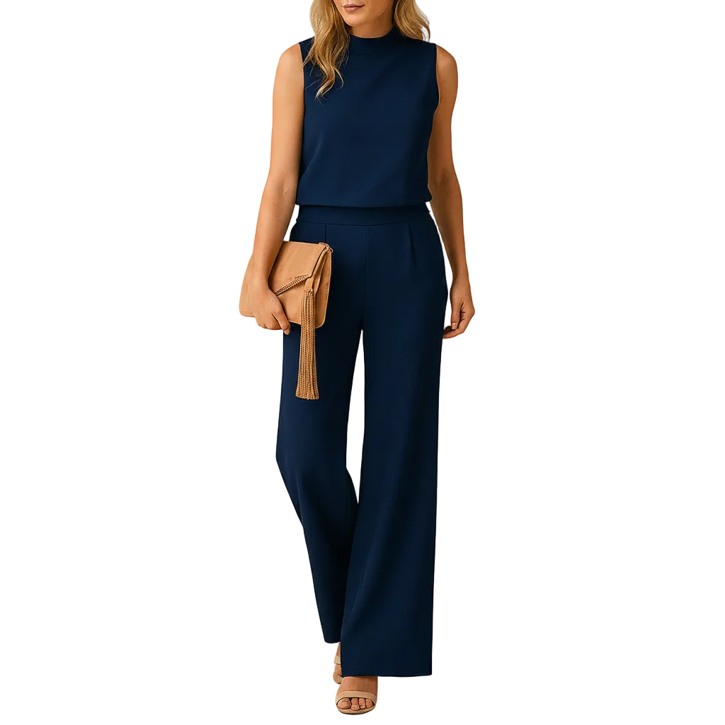 back view of round neck jumpsuit showing full length silhouette and clean structure
