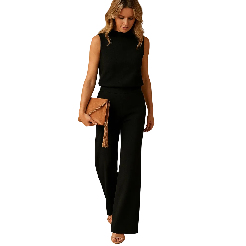 close up of round neckline detail on women’s jumpsuit