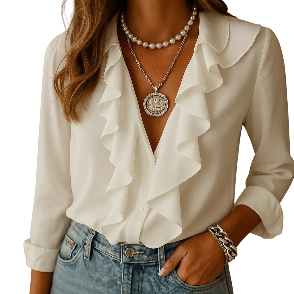 side view of butterfly print blouse with lightly tailored fit and ruffle details for women