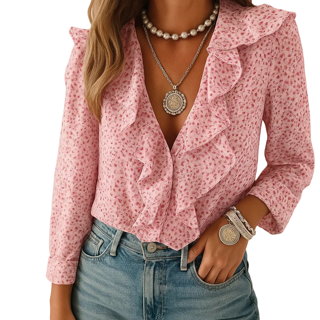 close up of ruffle detail and fabric texture on women’s blouse