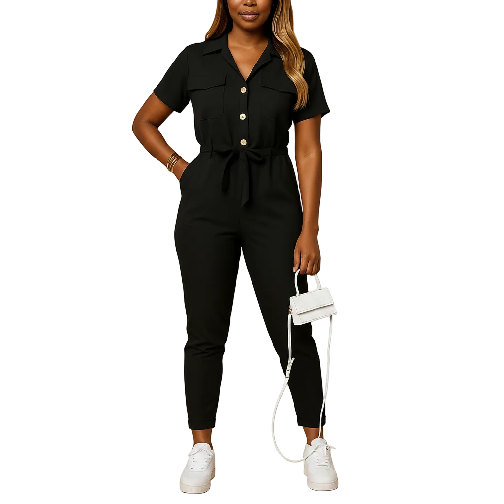 back view of slim tailored jumpsuit showing clean structure and full length silhouette