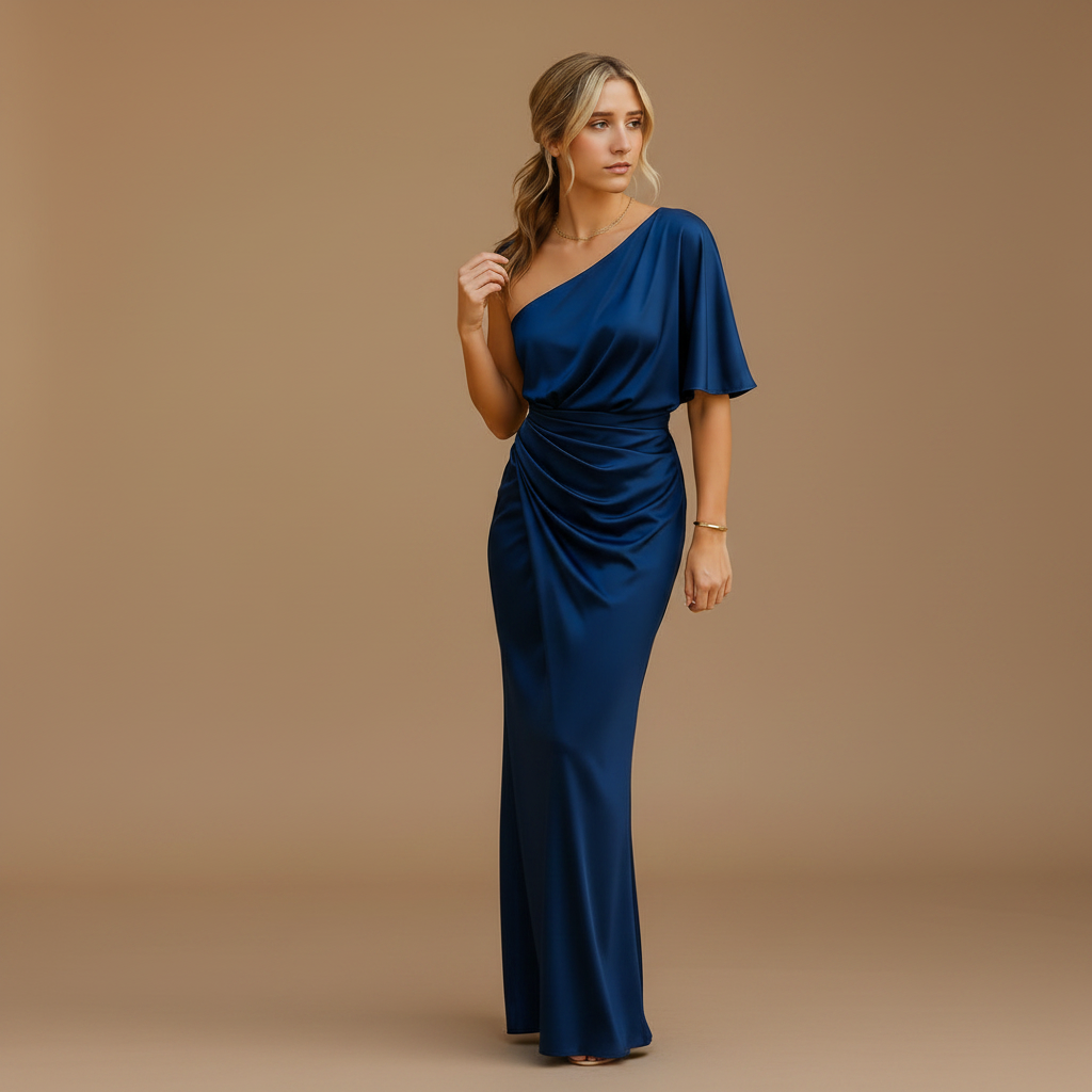 woman wearing slim silhouette dress with elegant structure shown in full front view outfit