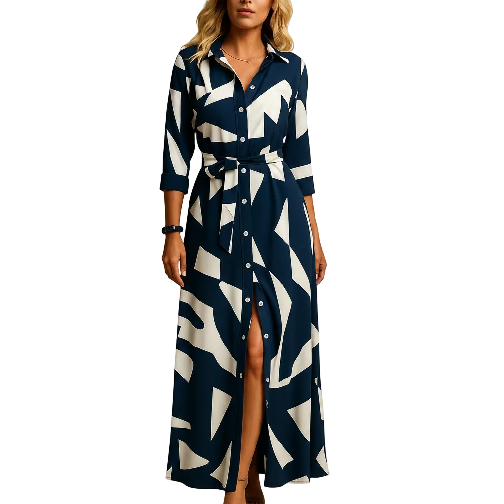 back view of long summer dress showing flowing silhouette and clean structure