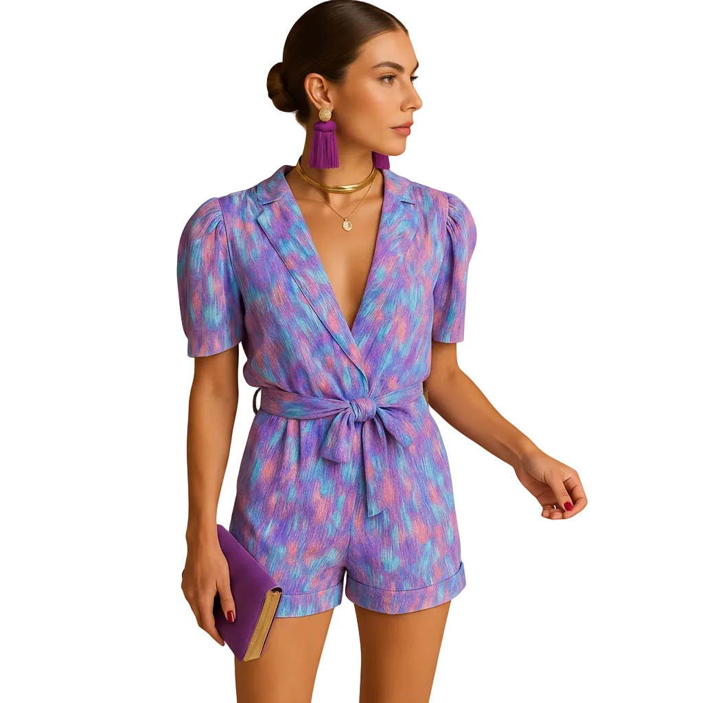 back view of short printed jumpsuit showing clean structure and relaxed silhouette