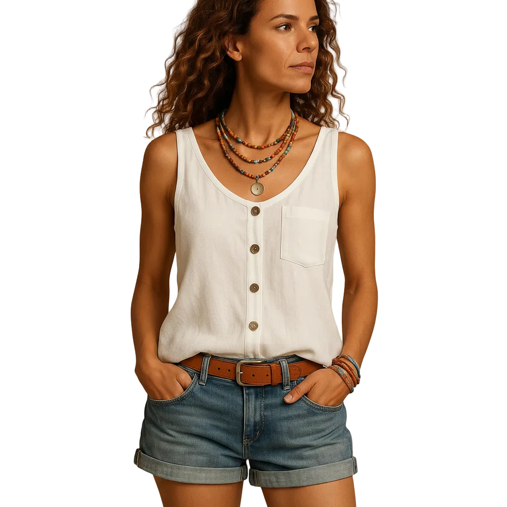 back view of sleeveless summer blouse showing loose silhouette and clean structure