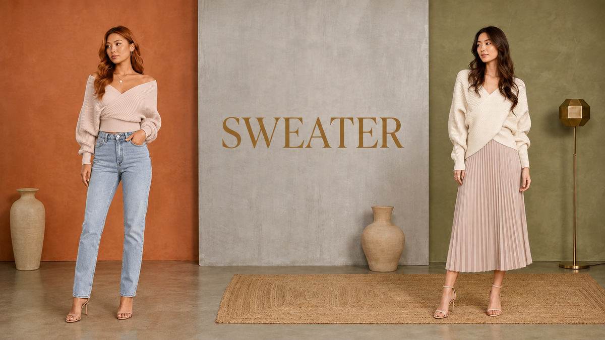 Two models showcase different color and style options of a cozy knit sweater in a styled studio setting. On the left, a model wears a light beige off-the-shoulder sweater with light-wash blue jeans.slider_item_w6q8Xw