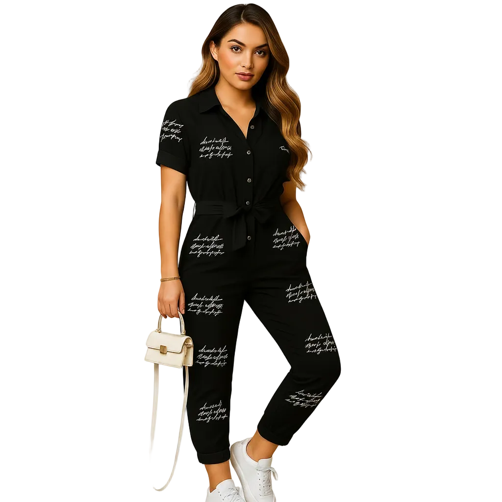 close up of tailored fit and structured silhouette on jumpsuit