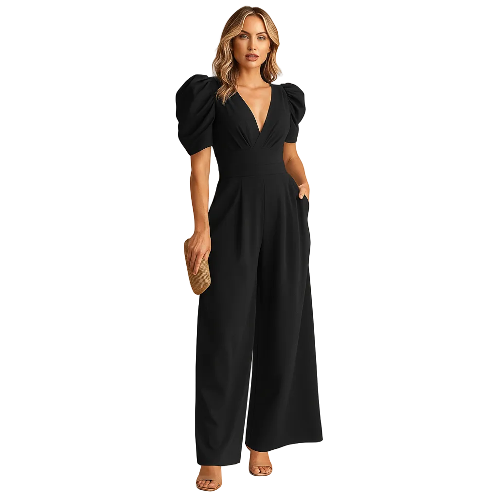 side view of tailored jumpsuit with flowing structure and refined silhouette for women