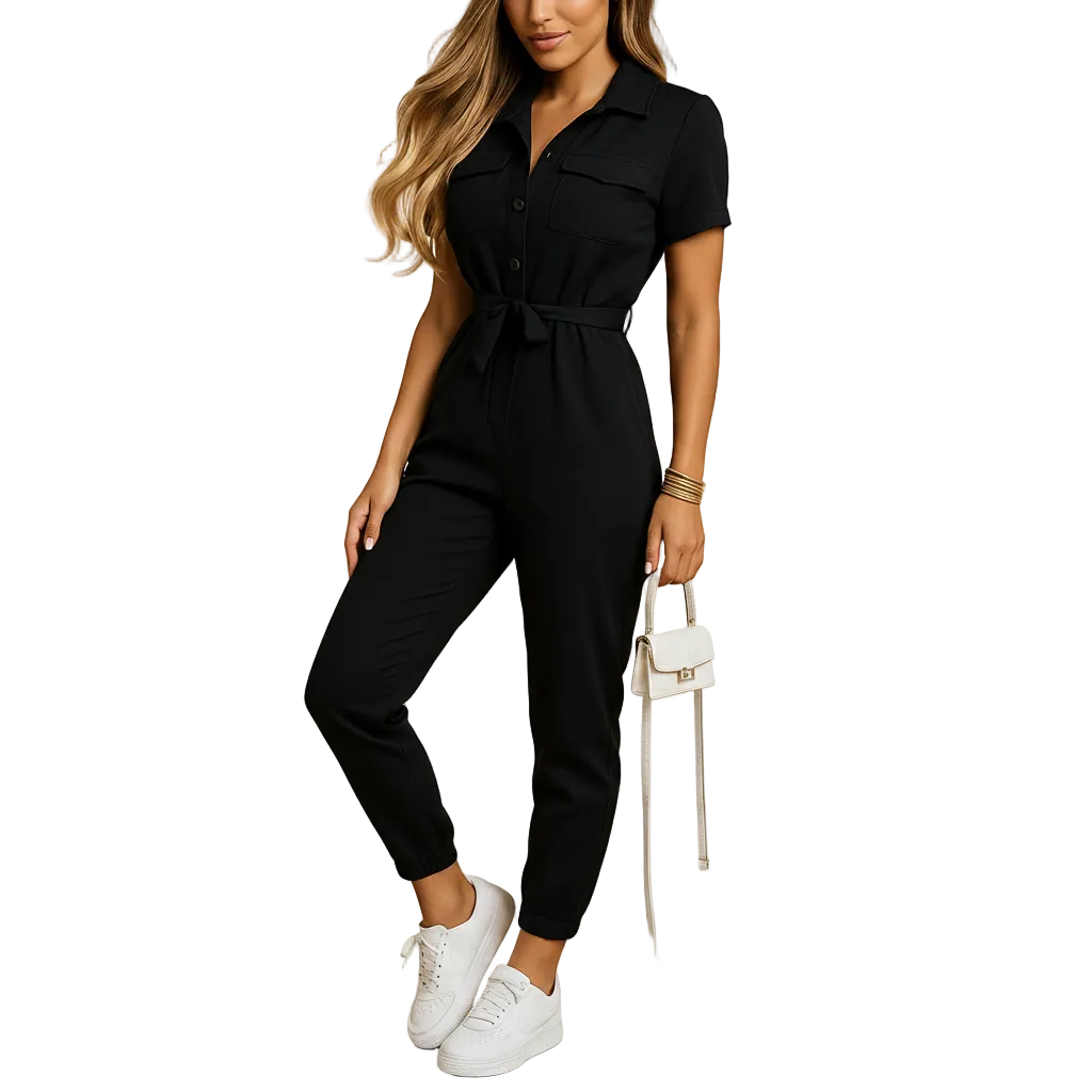 side view of tailored jumpsuit with structured fit and balanced silhouette for women