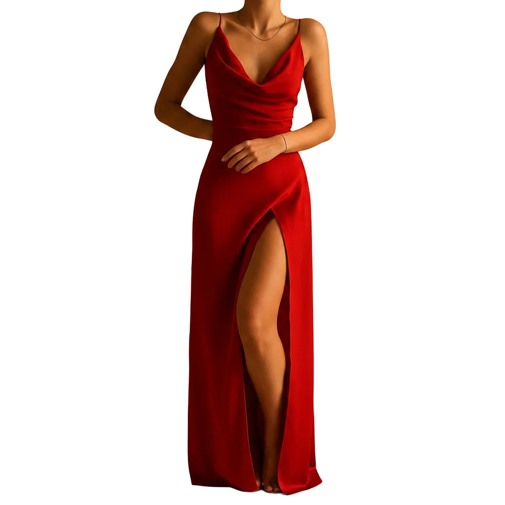 back view of V neck maxi dress showing clean silhouette and ankle length design