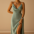woman wearing V neck maxi dress with flowing silhouette shown in full front view outfit