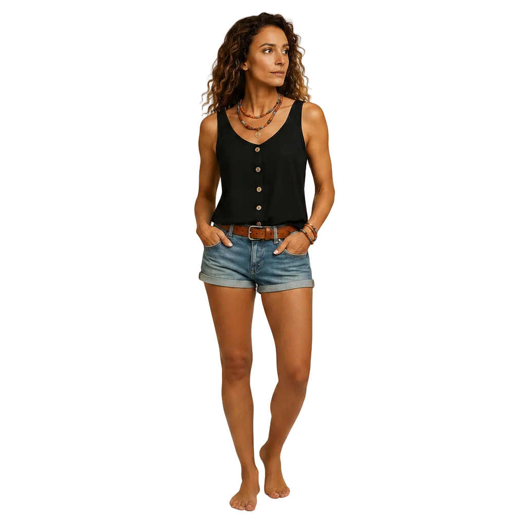 close up of V neck detail on sleeveless summer blouse