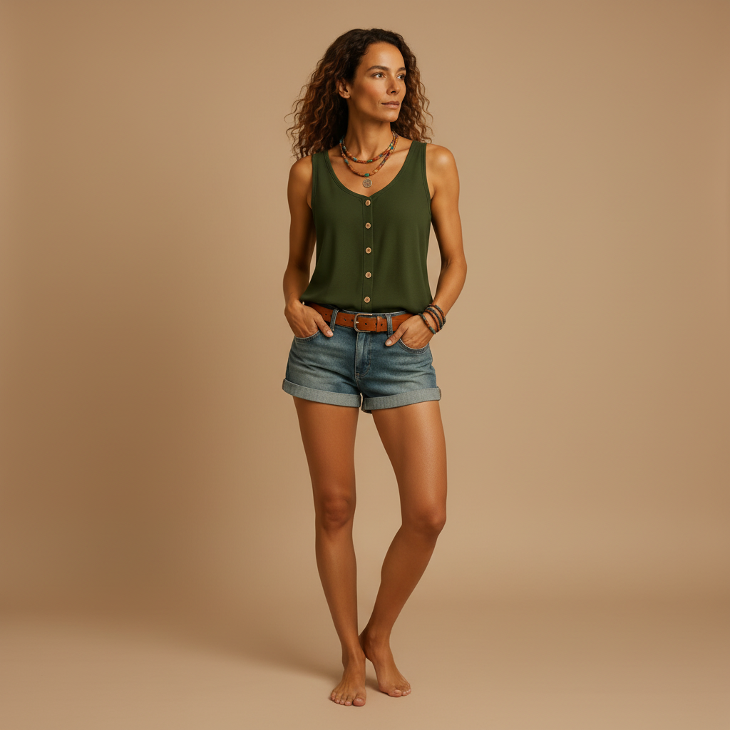 woman wearing V neck summer blouse with sleeveless design shown in full front view outfit