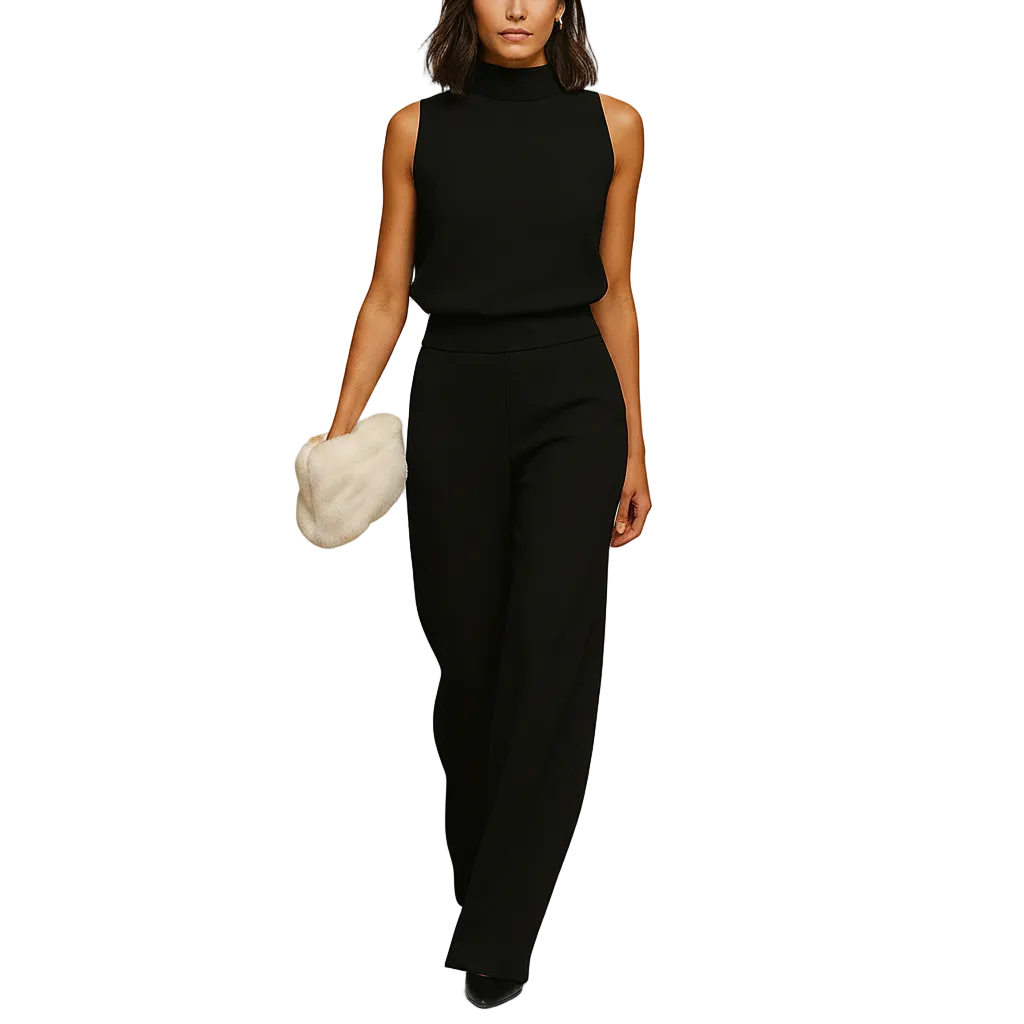 side view of high waist wide leg jumpsuit with halter neckline for women