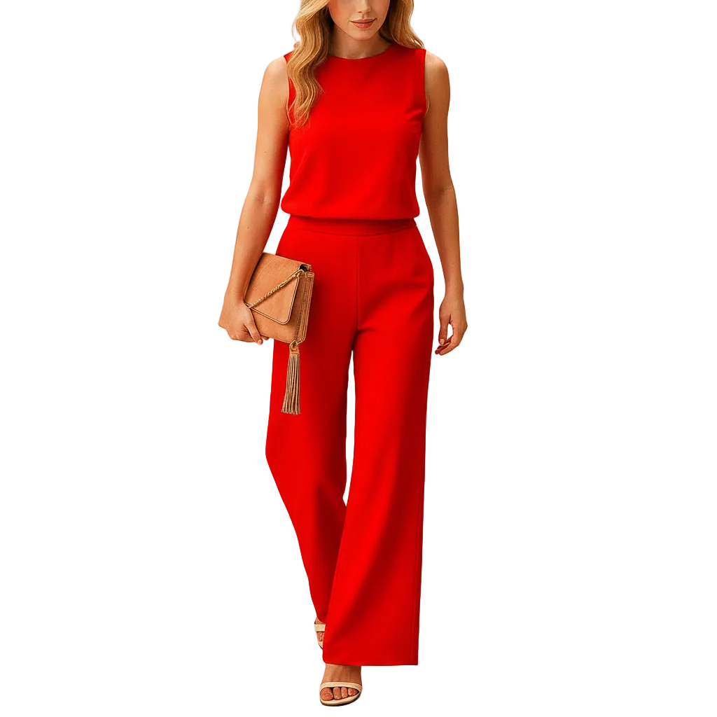 side view of wide leg jumpsuit with mid-waist silhouette and flowing structure for women