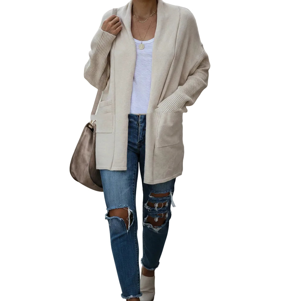 Women's bat sleeve thick knit cardigan sweater coat in Cream front view