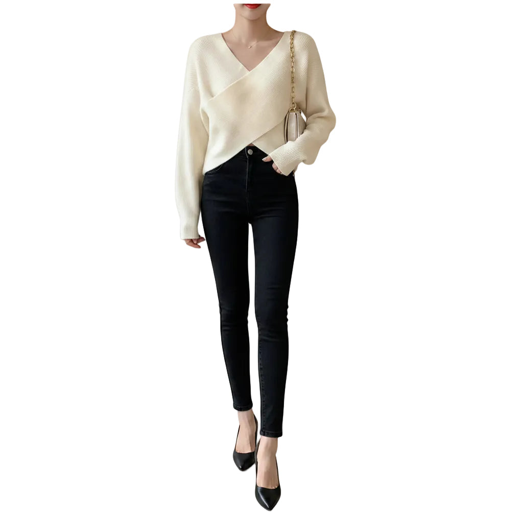 Women's loose fit knit sweater in Black back view