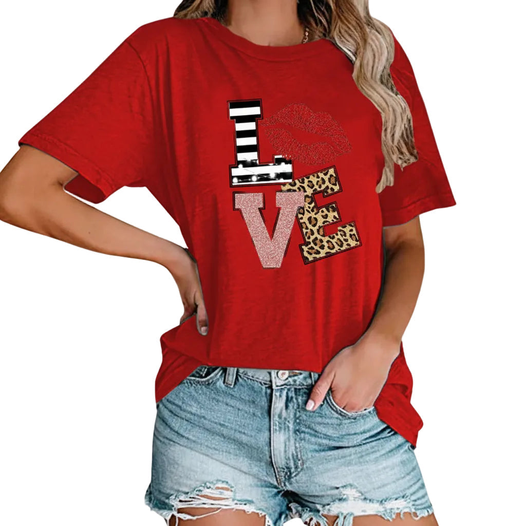 Side view of Black women's printed cotton casual T shirt