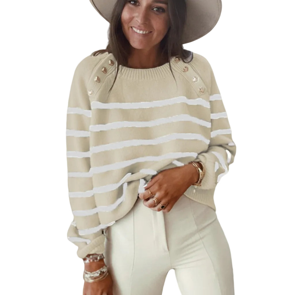 Side view of Black women's striped pullover sweater