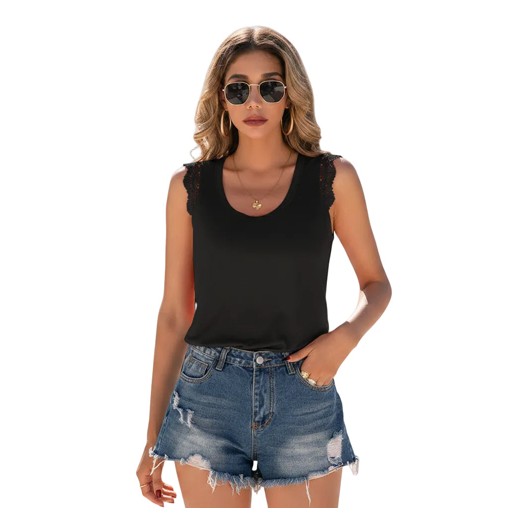 Side view of women's loose fit crew neck sleeveless top in Rust Orange