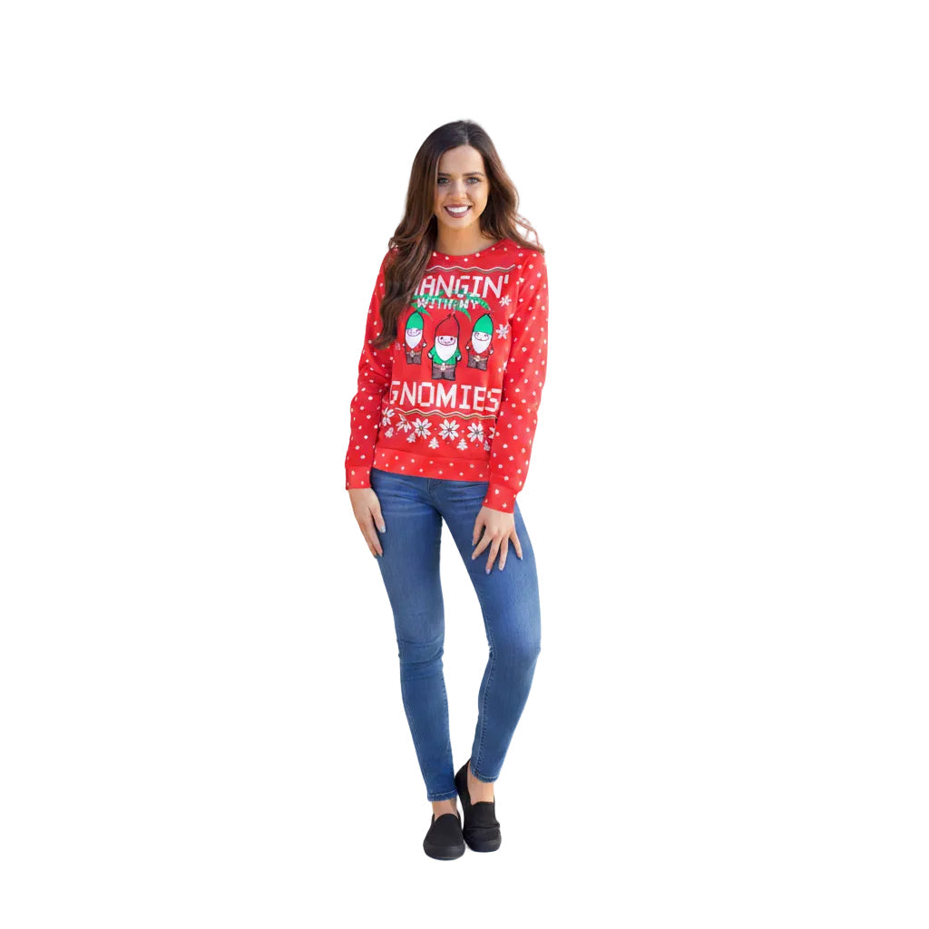 Women's Christmas print long sleeve casual sweater in Red front view