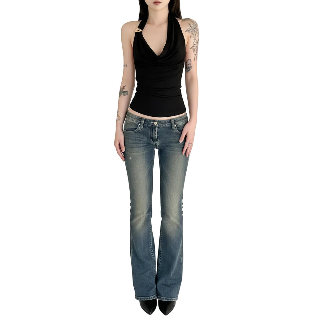 Women's slim fit halter neck tank top in Black back view