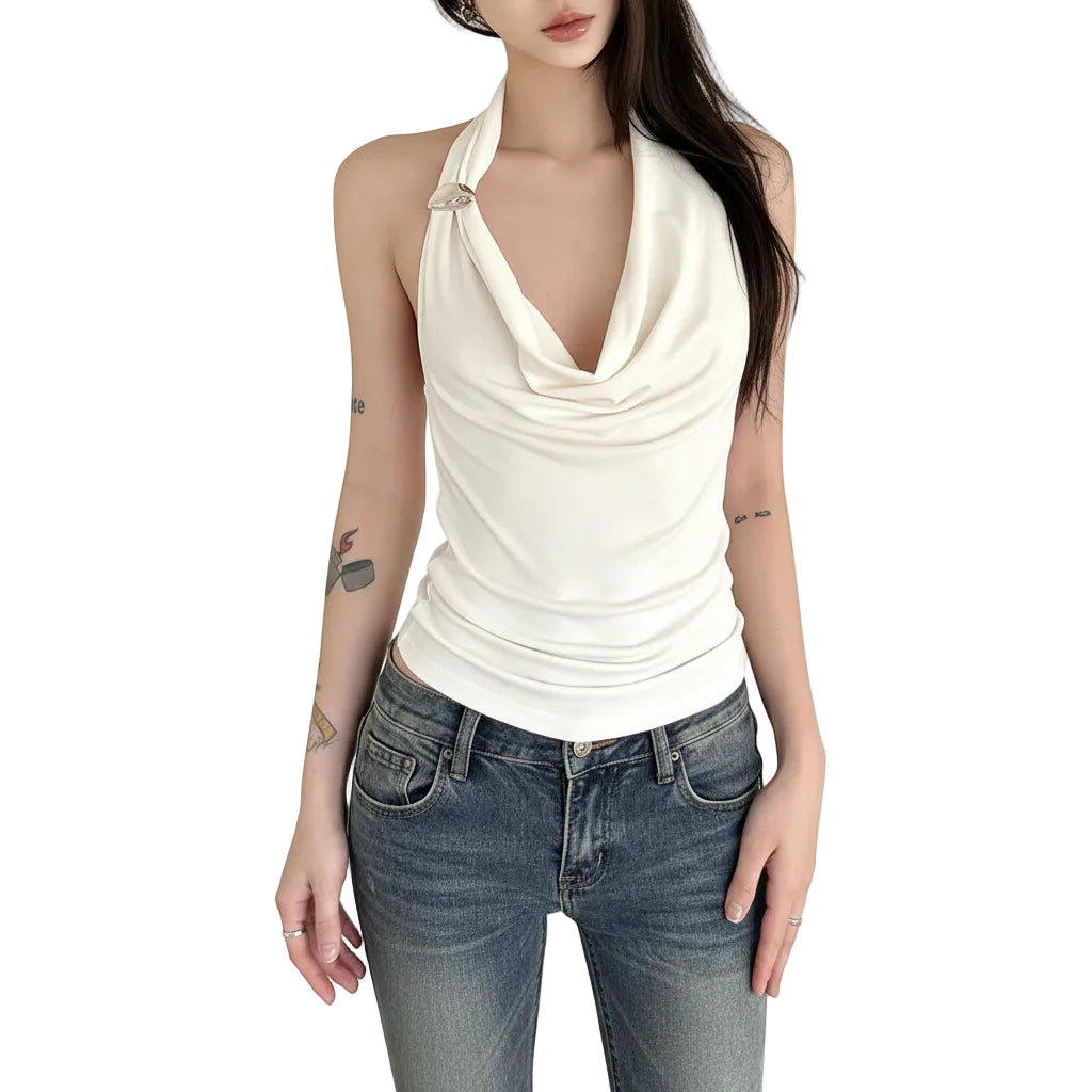 Women's slim fit halter neck tank top in White back view