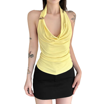 Women's slim fit halter neck tank top in Yellow back view