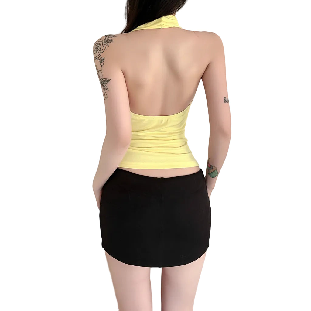 Women's slim fit halter neck tank top in Yellow back view