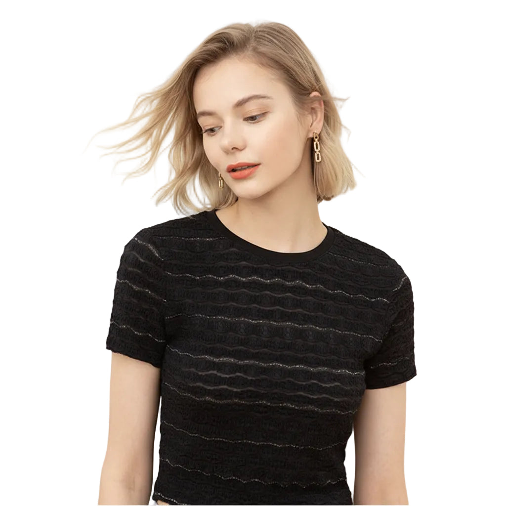 Women's lace round neck slim fit T shirt in Black front view