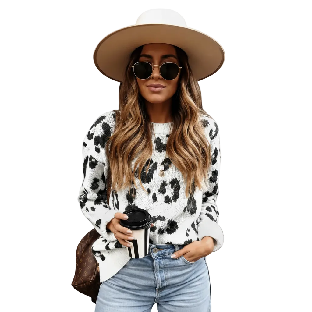 Women's leopard print hollow knit pullover sweater in White front view