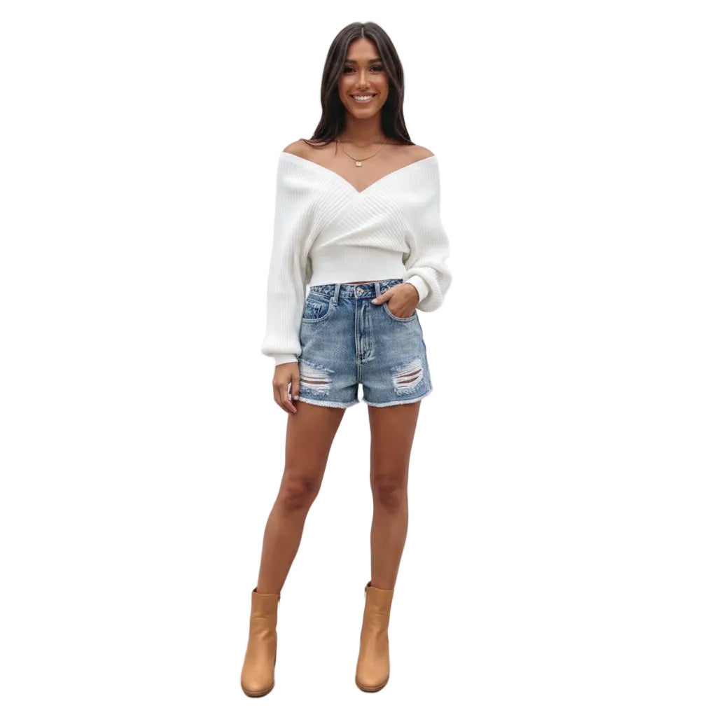 Women's soft knit lantern sleeve sweater in Light Beige back view