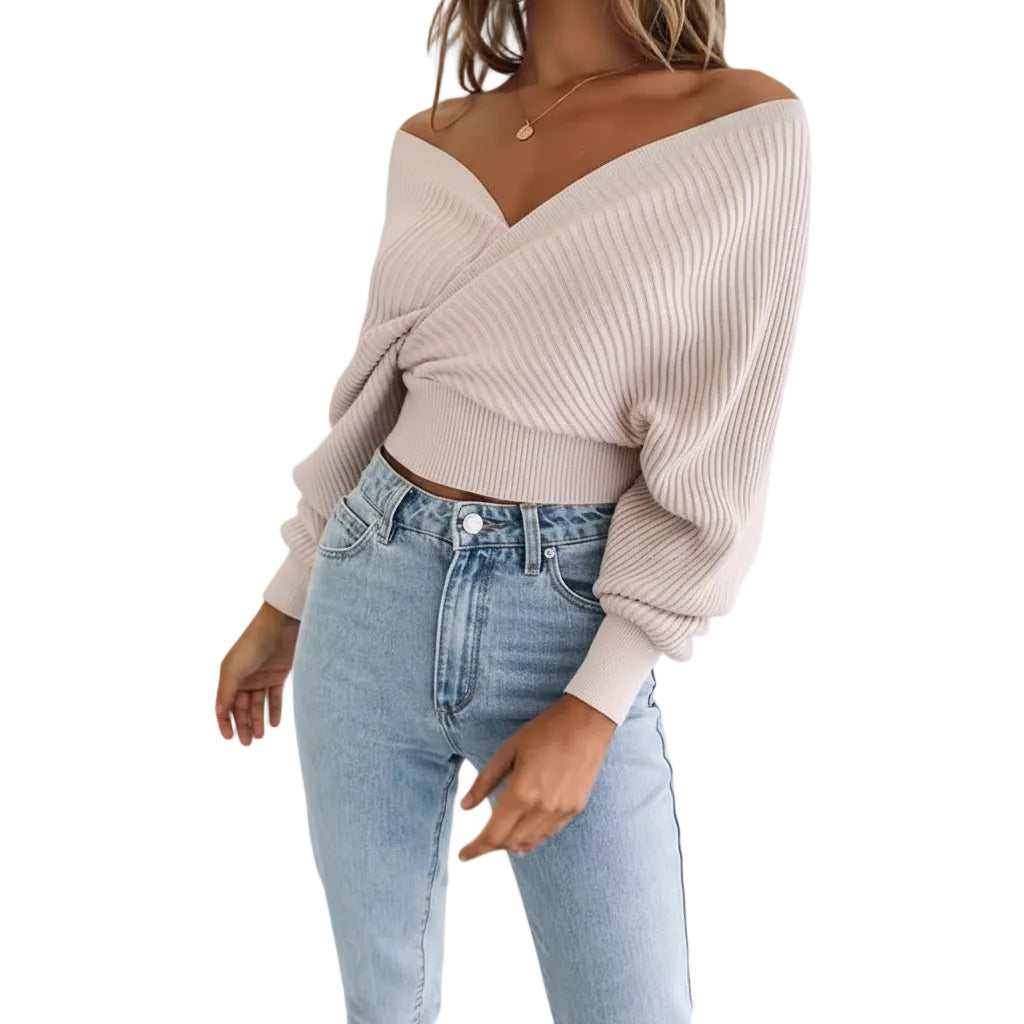 Women's loose fit lantern sleeve pullover sweater in Light Beige front view