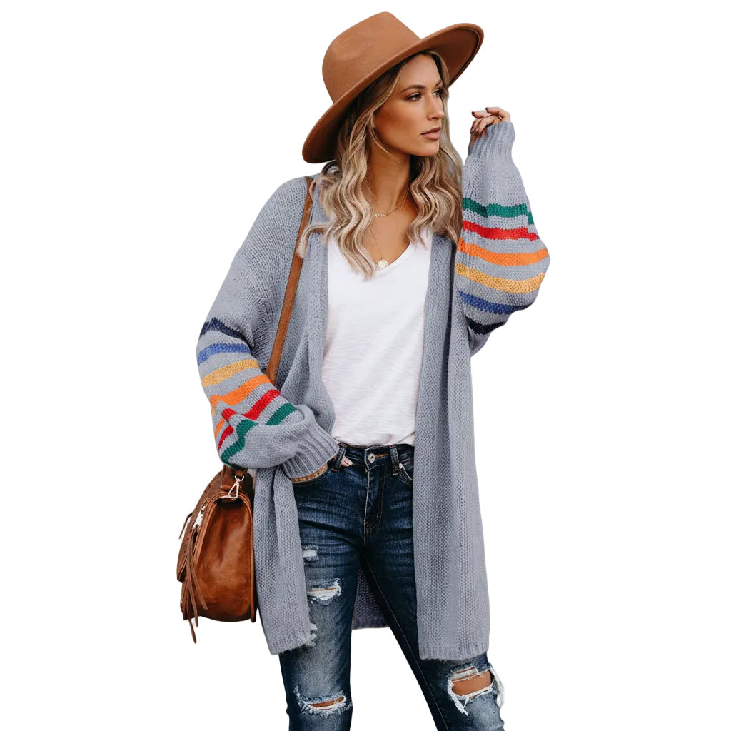 Women's open front lightweight knit cardigan sweater in Light Gray front view